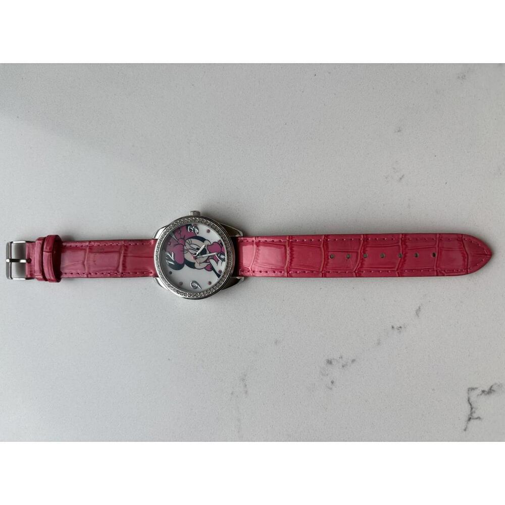Disney Minnie Mouse Pink Leather Strap Watch with Crystal Accents